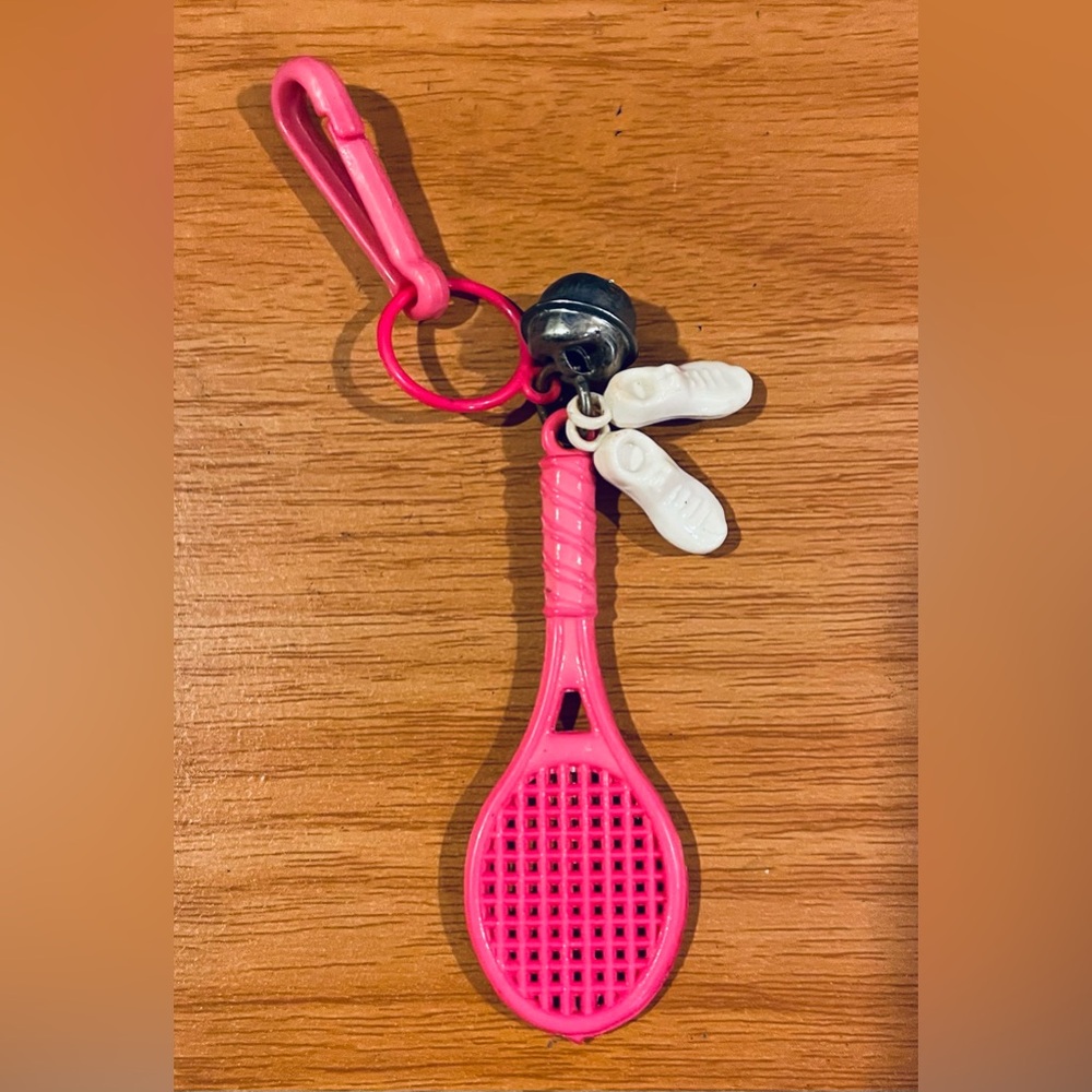 Vintage 1980s Plastic Bell Charm Tennis Racquet & Sneakers 80s Necklace Pink
